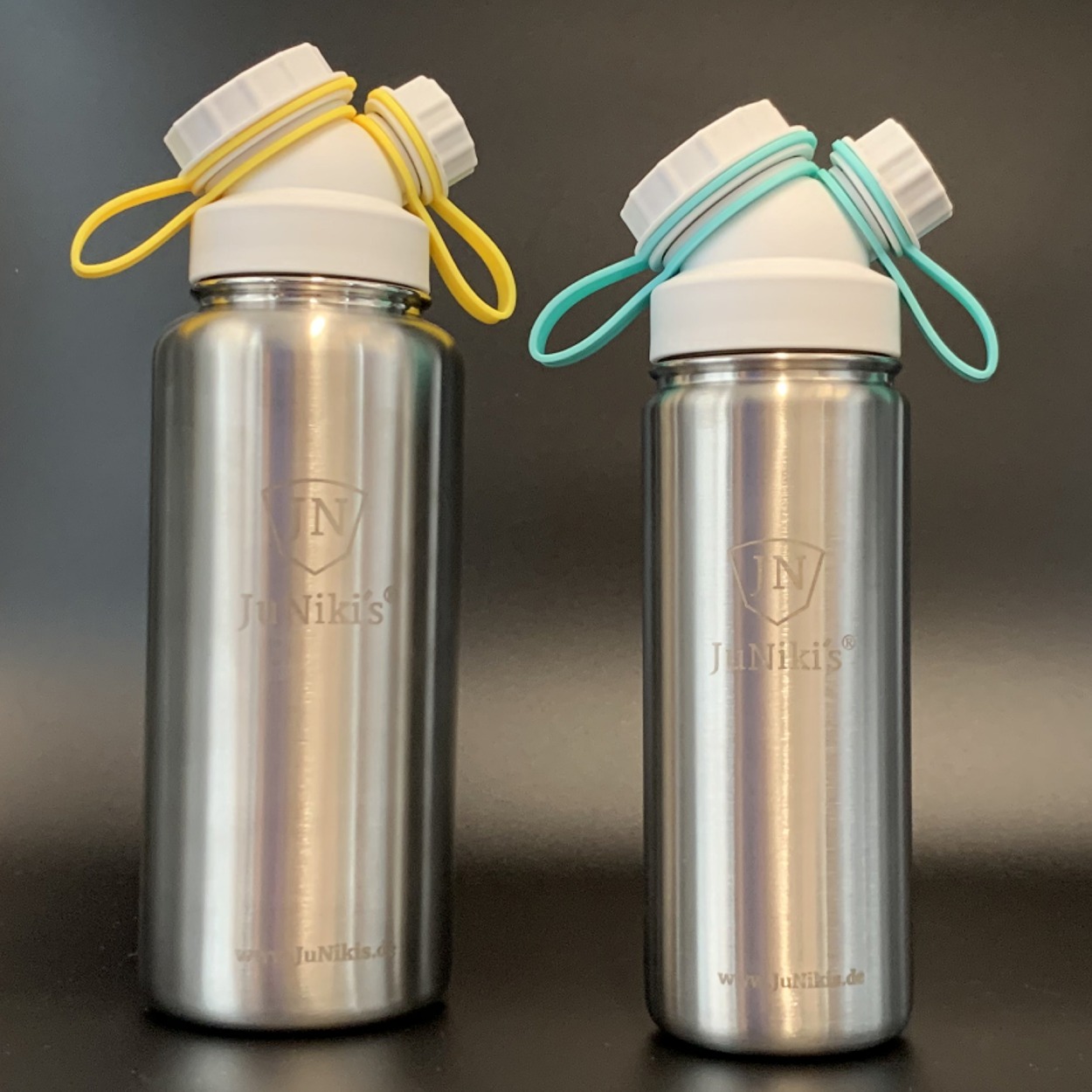 JuNiki´s® eco line isolierte Edelstahl Trinkflasche 550ml/1L Weiss+Türkis/Gelb